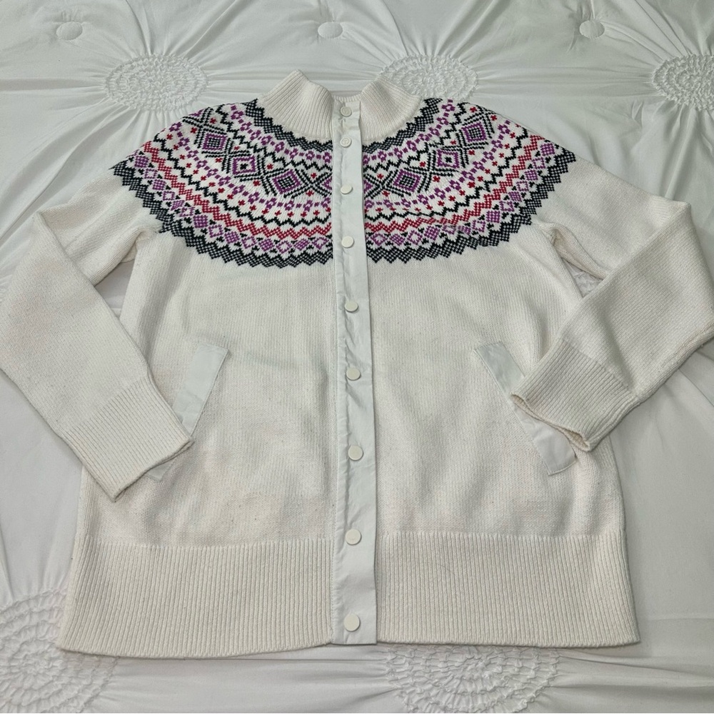 Talbots Thermolite Sweater Jacket Modern Fair Isle Snap Front Cardigan Sz Small - Picture 6 of 16